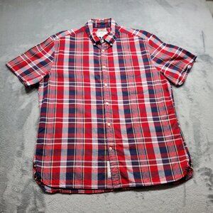 Jos. A Banks Tailored Fit Button Down Plaid Shirt 1 Pckt Red White Blue Men Sz L